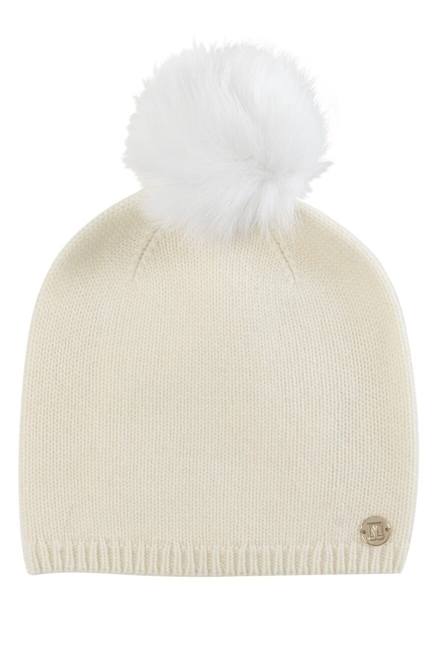 9398 Cashmere Blend Jersey Hat with Shearling Pom Pom Ivory